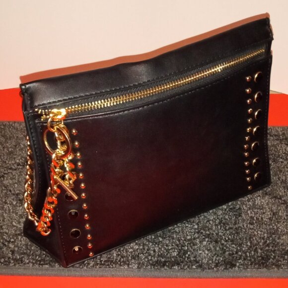 BLACK STUDDED CLUTCH SMALL PURSE WITH GOLD PLATED CHAIN HARDWARE - Picture 2 of 8